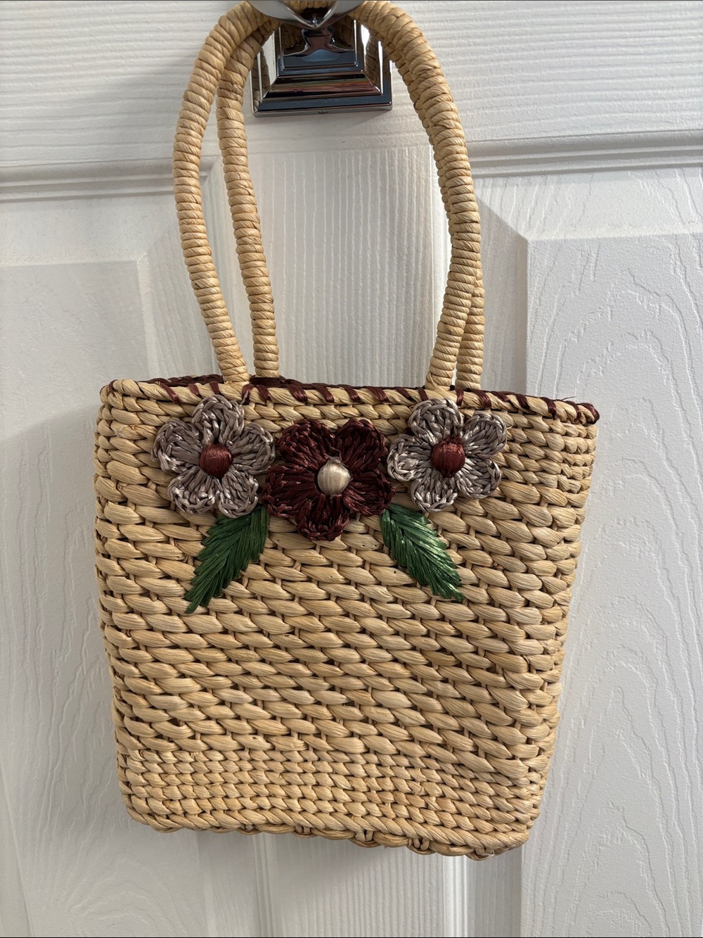 Vintage Woven Straw Raffia Flower Tote Bag - Beige Brown & Green Accents